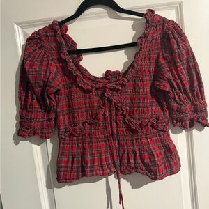 Red Plaid Smocked Peasant Blouse with Puff Sleeves 🔥 size 12